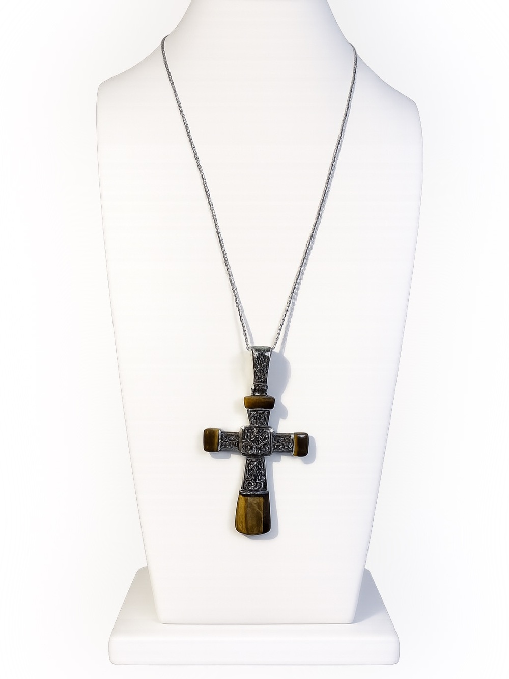 Stainless Steel Tiger Eye Cross Necklace 20” Magnetic Enhancer Bail 3” Pendant